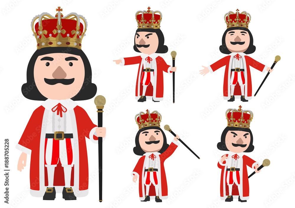King wearing crown stand on the white background with Cane, vector Illustration