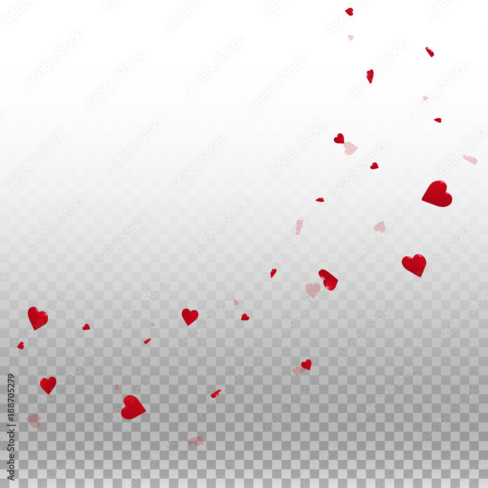 3d hearts valentine background. Big radiant left top corner on transparent grid light background. 3d hearts valentines day comely design. Vector illustration.