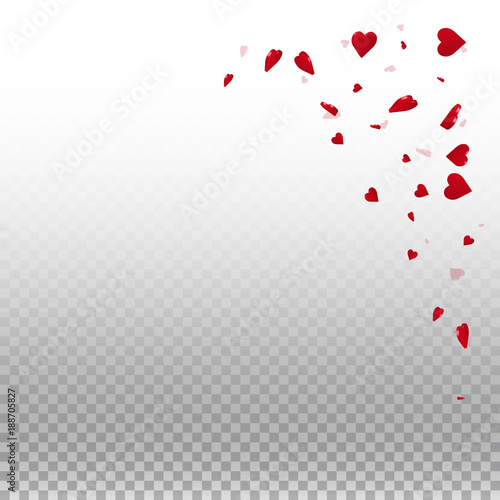 3d hearts valentine background. Top right corner on transparent grid light background. 3d hearts valentines day cool design. Vector illustration.