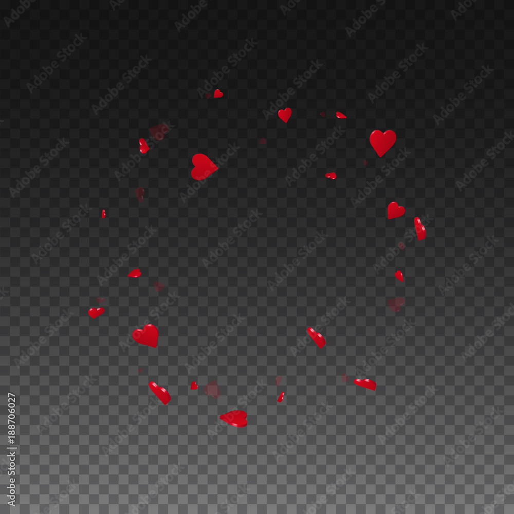 3d hearts valentine background. Round frame on transparent grid dark background. 3d hearts valentines day nice design. Vector illustration.