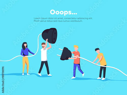 Error page illustration. People holding unplugged cable. Page not found.