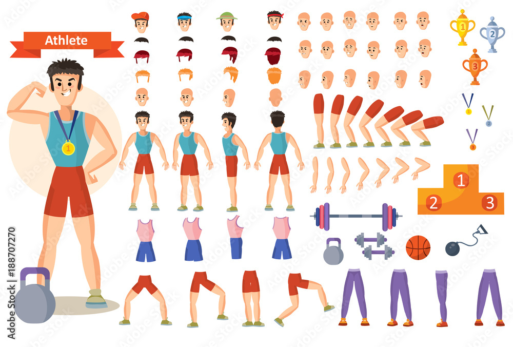 Man athlete in gym vector cartoon character constructor body parts and exercise poses icons. Construction set for create bodybuilder or weightlifter and training positions with barbells and dumbbells