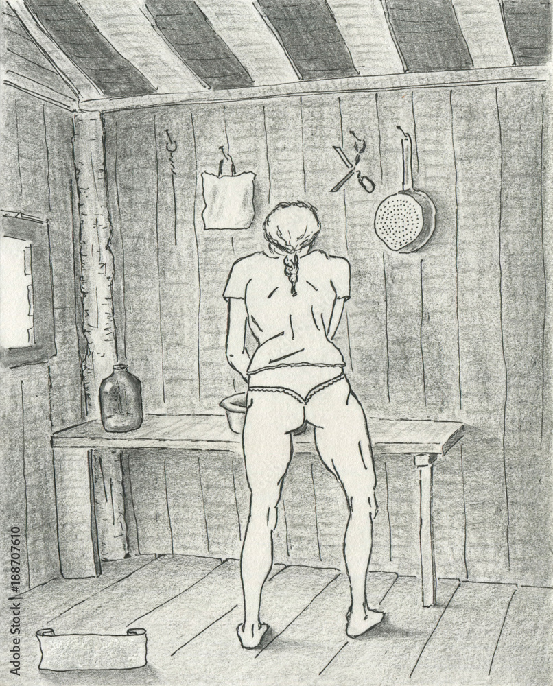Sporty woman working in the cottage kitchen, ililustration pen, pencil