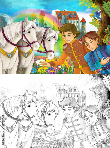 cartoon scene with beautiful pair of horses stream rainbow and palace in the background young prince standing smiling and looking illustration for children 