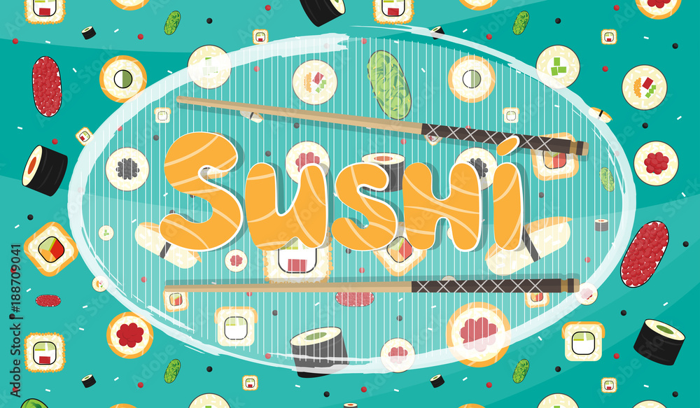 vector background of japanese food with the inscription sushi mockup