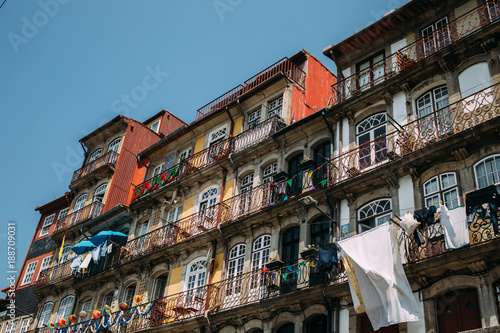 View of traditional and picturesque Porto balconies. Portugal.