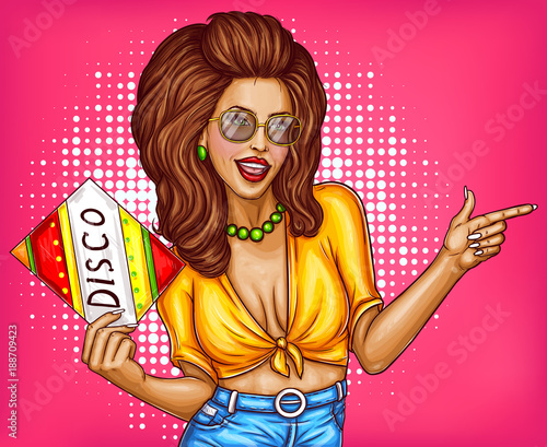 Vector pin up disco woman in fashion glasses with lush hairdo, holding audio disk. Pop art dancer, music lover, hippie concept illustration