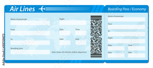 Creative vector illustration of airline boarding pass ticket isolated on transparent background. Art design for traveling by plane. Abstract concept graphic barcode QR2 code element.