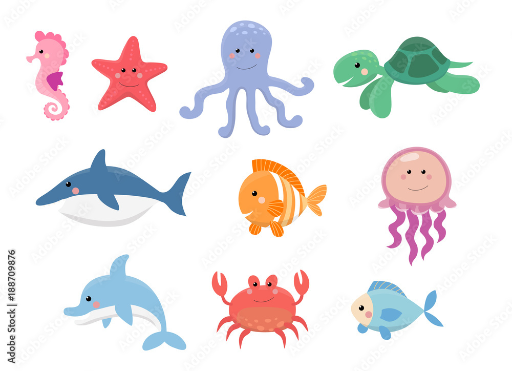 Fototapeta premium Sea life, marine animals set in flat style isolated on white background, illustration. Cute cartoon animals collection: seahorse, star, octopus, turtle, shark, fish, jellyfish, dolphin, crab
