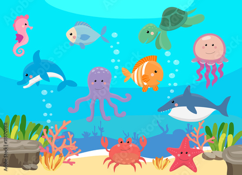 Sea life  marine animals set with underwater landscape - seahorse  star  octopus  turtle  shark  fish  jellyfish  dolphin  crab. Cute cartoon illustration in flat style