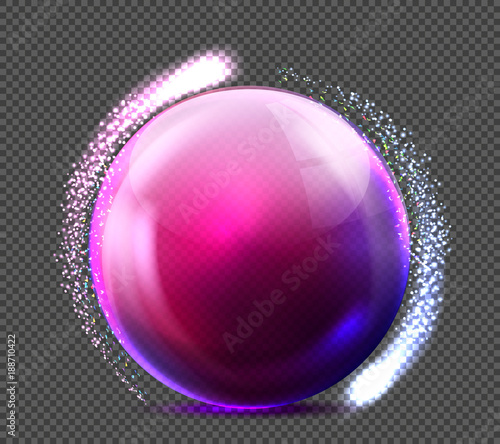 Vector realistic glass purple sphere with glittering light. Glossy empty crystal globe, bubble with reflections, transparent background illustration. Shiny 3d abstract circle for decoration design.