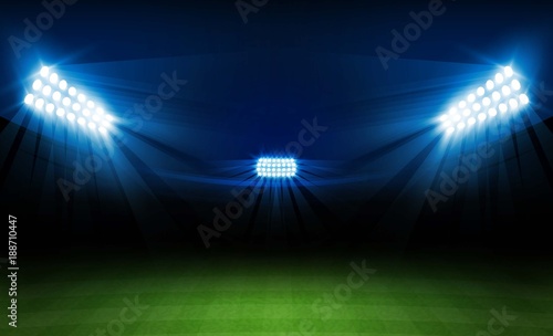 Football arena field with bright stadium lights vector design. Vector illumination