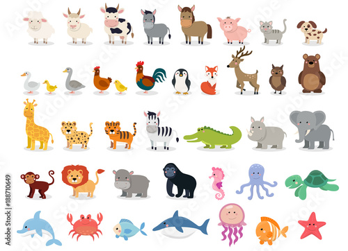 Cute animals collection: farm animals, wild animals, marina animals isolated on white background. Illustration design template