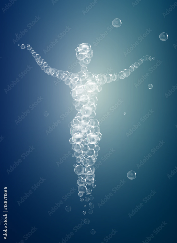 weightless feeling, human soul concept, light feeling inside, woman silhouette build with bubbles, mermaid from the foam,