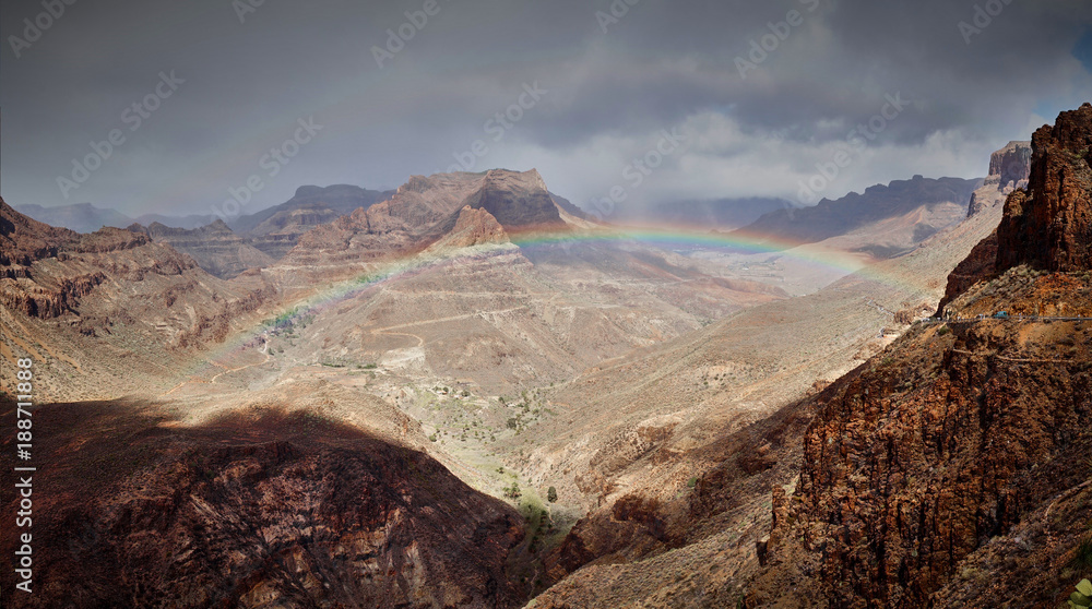 Rainbow over Mountain landscape of Gran Canaria island, Spain / Valley of 