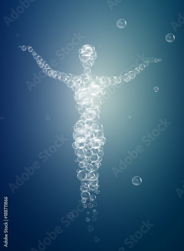 weightless feeling, human soul concept, light feeling inside, woman silhouette build with bubbles, mermaid from the foam,