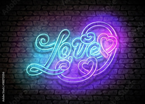 Vintage Glow Signboard with Love Inscription. Valentine's Day Greeting Card Template. Shiny Neon Light Style Lettering. Holiday Flyer, Banner, Label. Vector 3d Illustration. Abstract Decorative Art