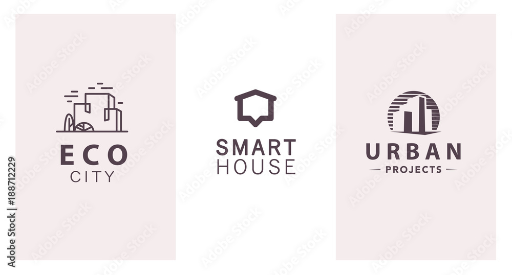 Vector flat construction company brand design templates collection. Building, business company and architect bureau insignia, logo illustration isolated on white background. Line art. Vector flat construction company brand design templates collection. Building, business company and architect bureau insignia, logo illustration isolated on white background. Line art.