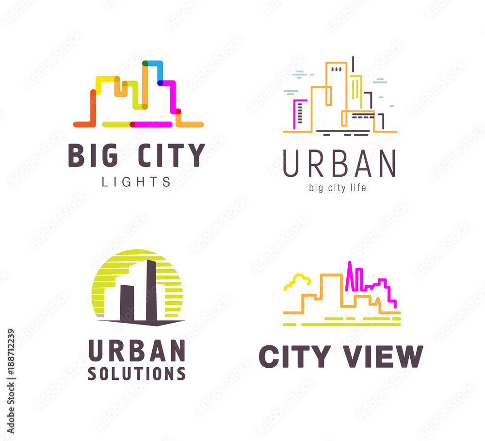 Vector colorful flat construction company brand design templates collection. Building, business company and architect bureau insignia, logo illustration isolated on white background. Line art.
