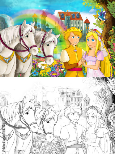 cartoon scene with young princess and prince - happy couple - watching two white horses near beautiful medieval castle waterfall and rainbow - scene with coloring page illustration for children