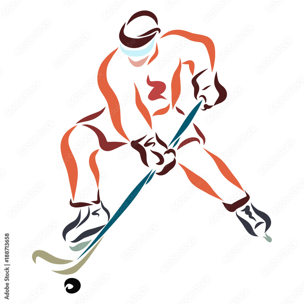 Fototapeta premium Ice hockey player in action with stick and washer