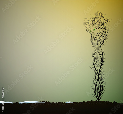 tree silhouette like a woman holding first green sprout, first spring sprout, tree alive idea,