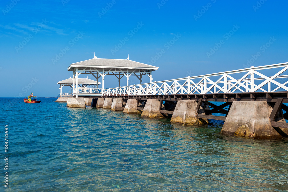 Wood waterfront pavilion in Koh si chang island, Thailand. AsDang Bridge. Wood waterfront pavilion in Koh si chang island, Thailand. AsDang Bridge.