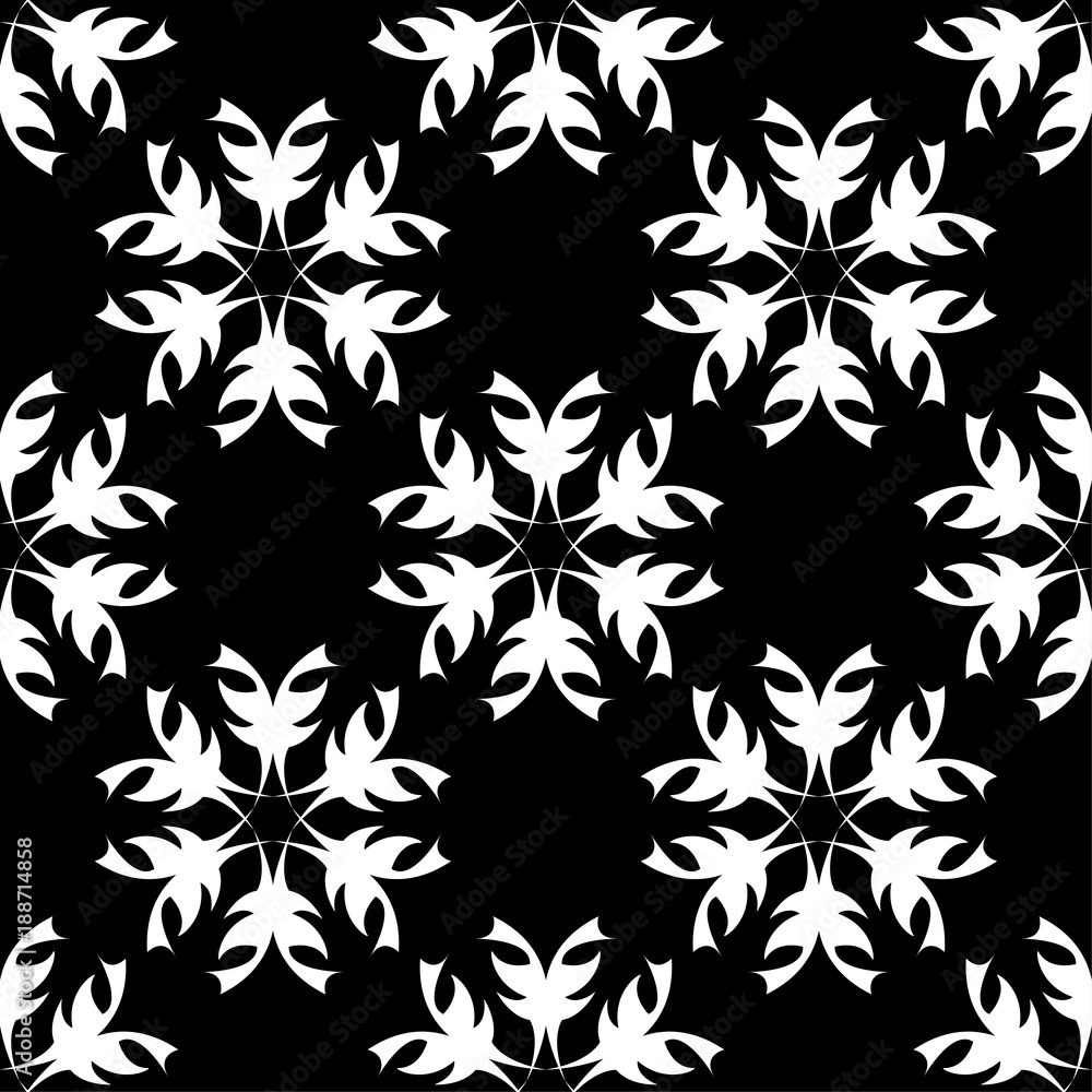 White floral design on black background. Seamless pattern White floral design on black background. Seamless pattern