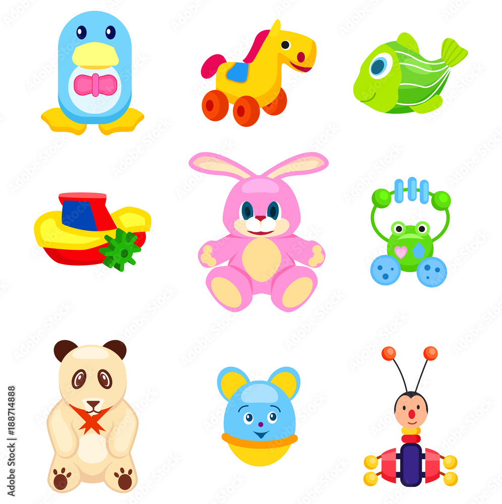 Fototapeta premium Cute Soft and Plastic Toys Isolated Illustrations