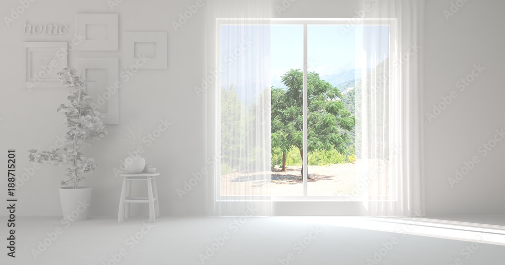 Fototapeta premium White empty room with summer landscape in window. Scandinavian interior design. 3D illustration
