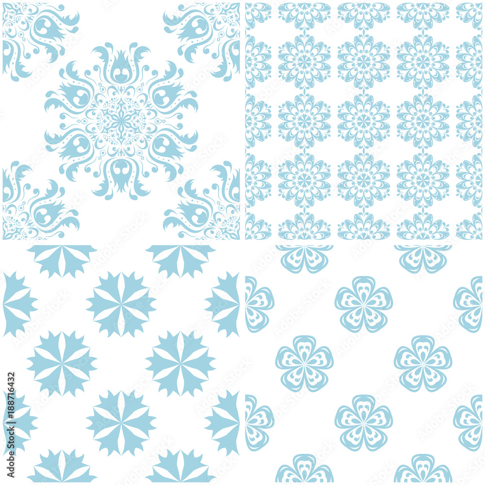 Floral patterns. Set of light blue elements on white. Seamless backgrounds Floral patterns. Set of light blue elements on white. Seamless backgrounds