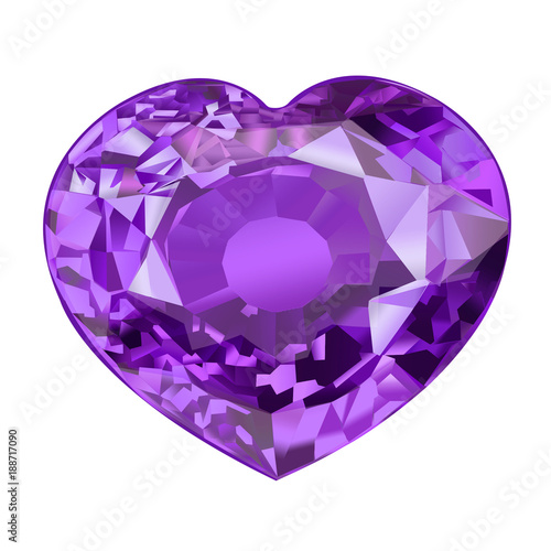 insulated purple gem stone in shape of heart on white background
