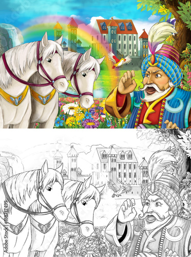 cartoon scene with beautiful pair of horses stream rainbow and palace in the background king in the forest illustration for children 