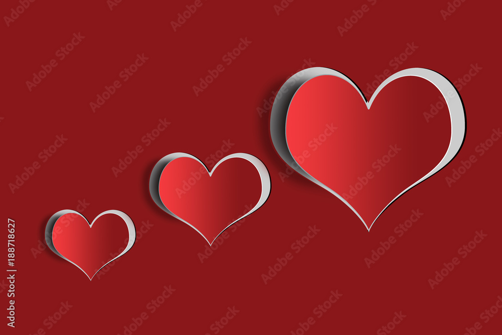 Paper heart shape decoration on red background. Love concept. Flat lay. Valentines Day card with paper hearts 