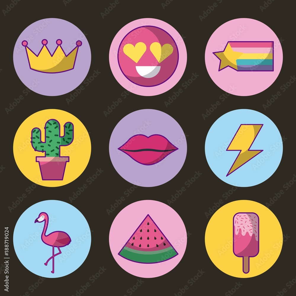 set of patches or stickers cute cartoon icons vector illustration set of patches or stickers cute cartoon icons vector illustration