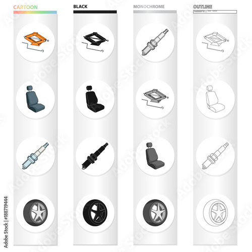 A jack and a wheel key, a car seat, an electric candle, an automobile wheel. Car and accessories set collection icons in cartoon black monochrome outline style vector symbol stock Isometric