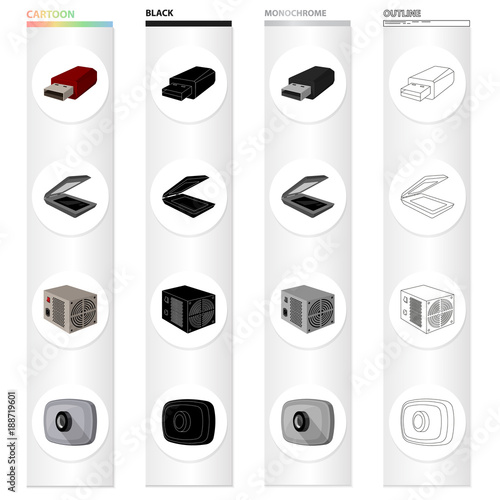 Computer equipment USB flash drive, scanner, power supply, web camera. Computer Accessories set collection icons in cartoon black monochrome outline style vector symbol stock illustration web.