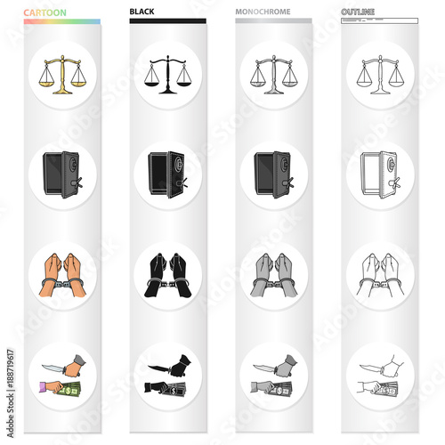 Scales of justice, a safe hacked, a criminal in handcuffs, a robbery. Crime set collection icons in cartoon black monochrome outline style vector symbol stock illustration web. photo