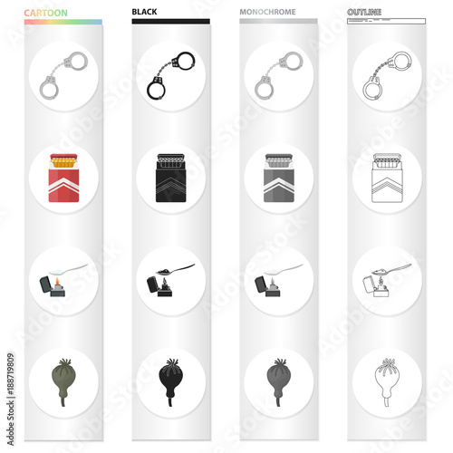 Handcuffs, a pack of cigarettes, a lighter with a spoon of a drug, a poppy head. Drugs set collection icons in cartoon black monochrome outline style vector symbol stock illustration web.
