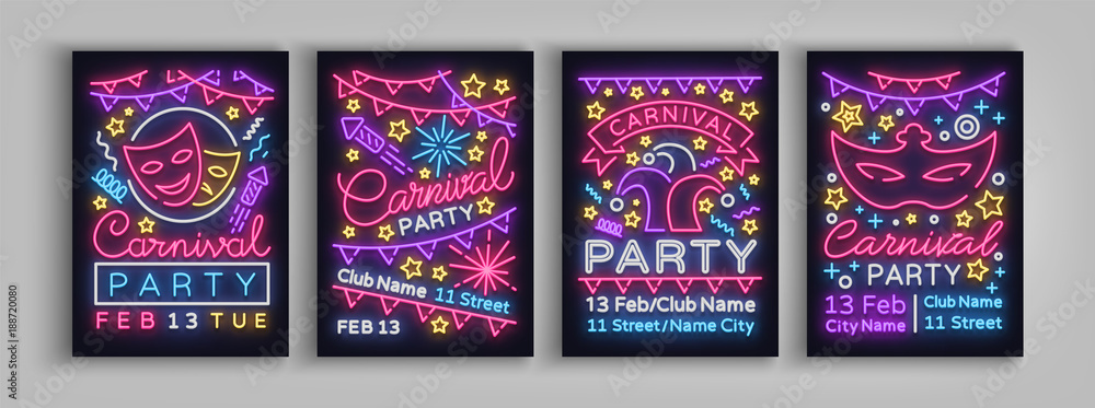 Plakat Carnival party is set of posters in neon style. Collection of neon signs, design template, brochure, glowing poster. Bright neon advertising of carnival, masquerade, dance party. Vector illustration