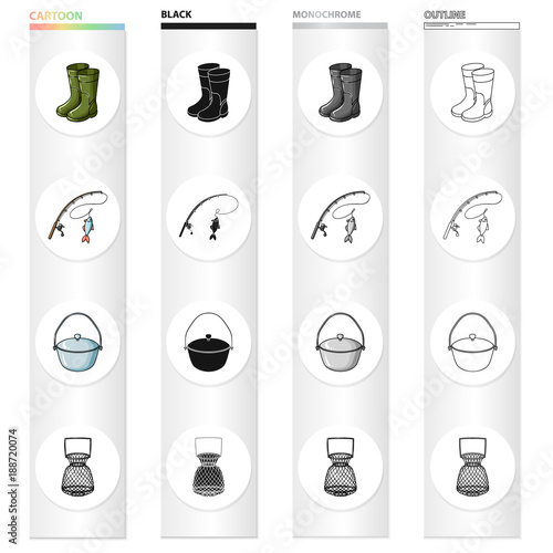 Rubber boots, spinning for fishing, bowler, fish tank. Fishing set collection icons in cartoon black monochrome outline style vector symbol stock illustration web.