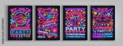 Carnival party is set of posters in neon style. Collection of neon signs, design template, brochure, glowing poster. Bright neon advertising of carnival, masquerade, dance party. Vector illustration