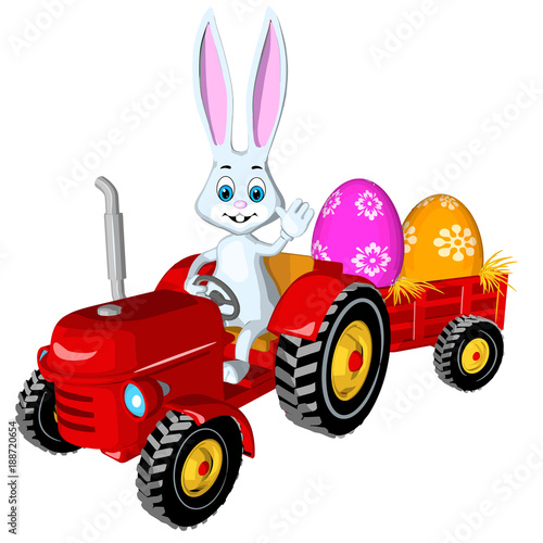 easter greeting card hare lucky tractor red painted eggs trailer cartoon style white background isolate