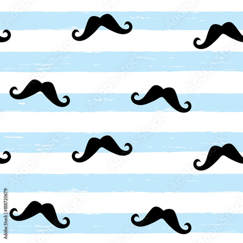 Vector seamless pattern of black mustache on blue grunge striped background