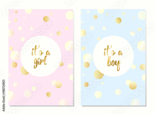 Set of vector invitation with gold bubbles for girl and boy. Baby shower posters with lettering. It's a girl, it's a boy greeting card.