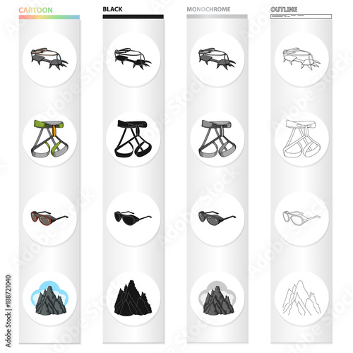 Crampon climber, safety gazebo, sunglasses, unruly top. Climbing equipment set collection icons in cartoon black monochrome outline style vector symbol stock Isometric illustration web.