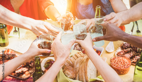 Group of friends toasting with appetizer at barbecue party outdoor
