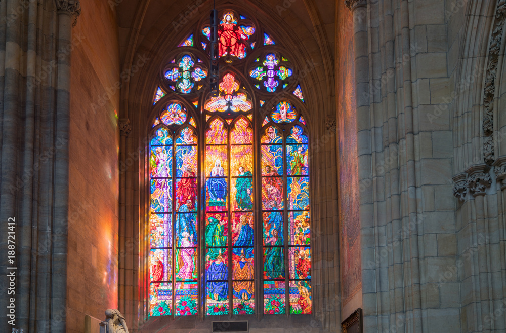  Gothic architecture and stained glass window in Saint Vitus Cathedral In Prague.