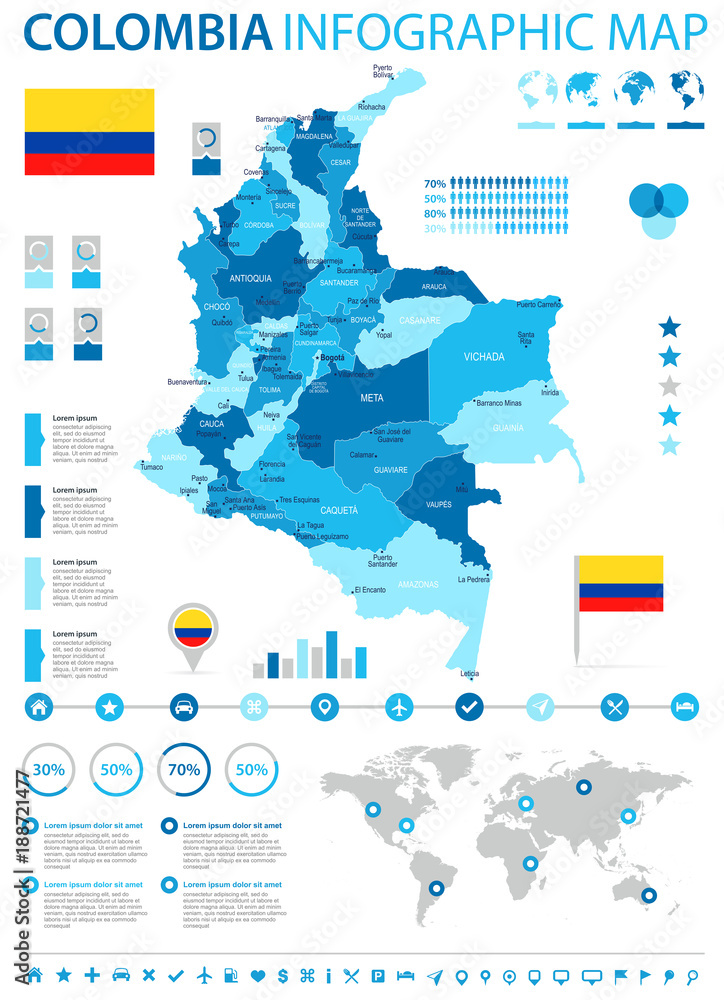 Fotografie, Obraz Colombia - infographic map and flag - Detailed Vector Illustration