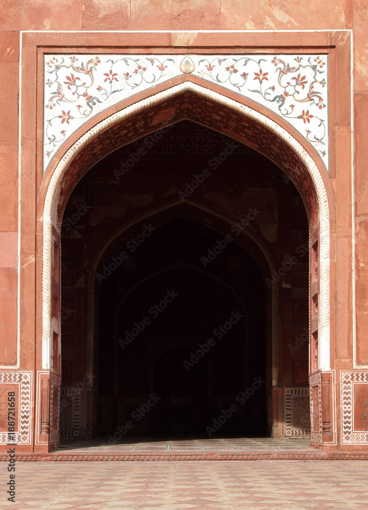 Entrance of the mosque in Taj Mahal complex, Agra, India